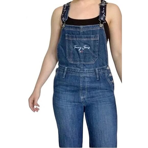 Y2K Tommy Hilfiger Denim Jean Hip Hop Streetwear Spellout Overalls Women's Sz 6 - Picture 1 of 16